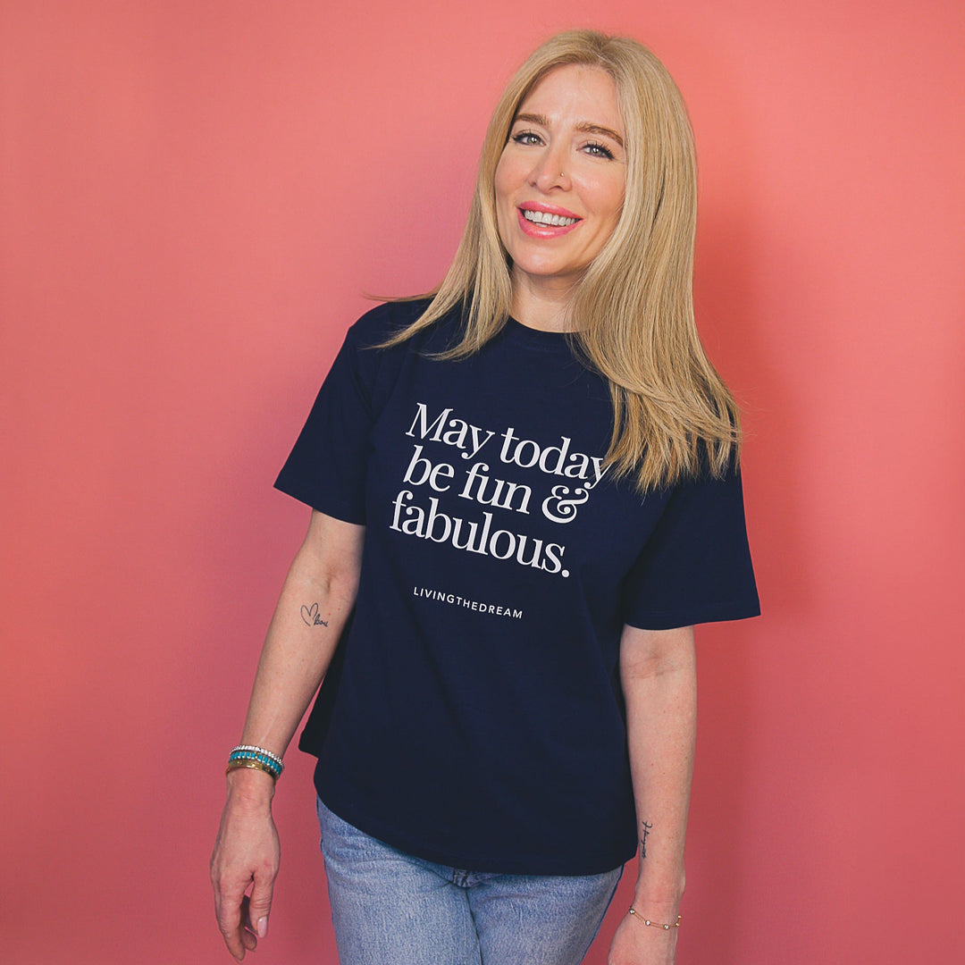 Woman wearing dreamwithreem fashionable custom shirts with fun and fabulous text on black tee