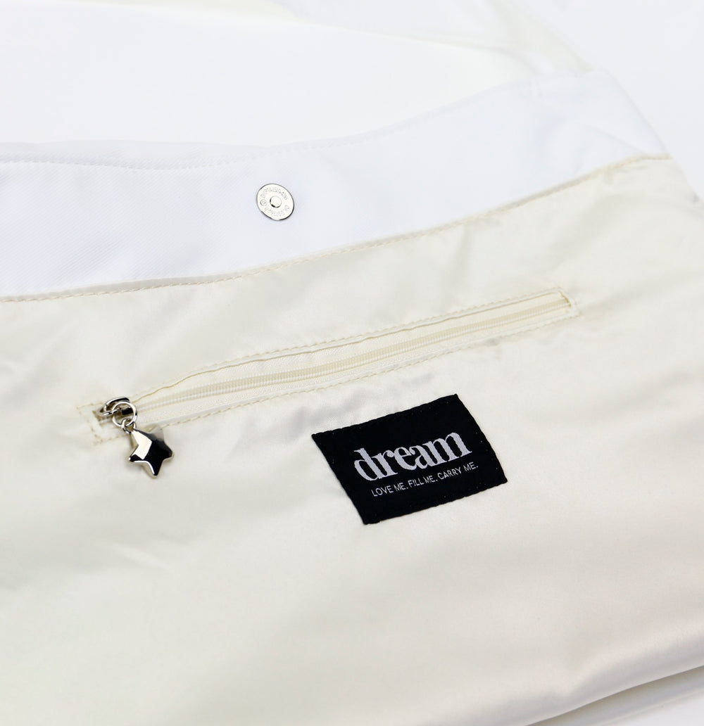 dreamwithreem custom tote zipper pocket with star charm and dream label on beige fabric