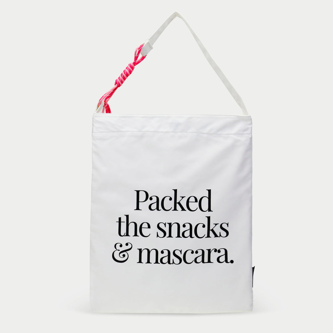 White personalized snack carrier by dreamwithreem with black text and adjustable strap