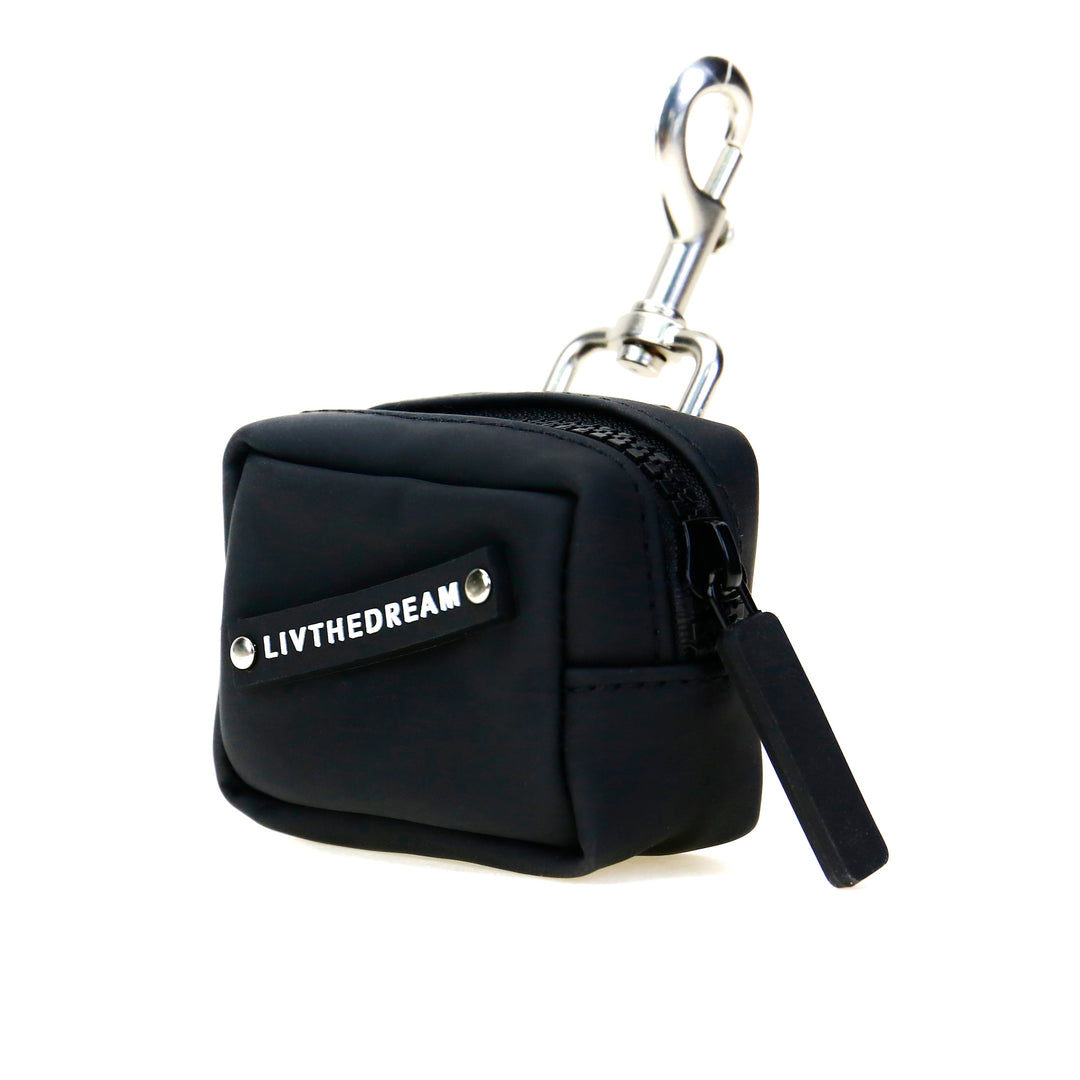 Black compact pouch keychain with LIVTHEDREAM label by dreamwithreem unique fashion accessories