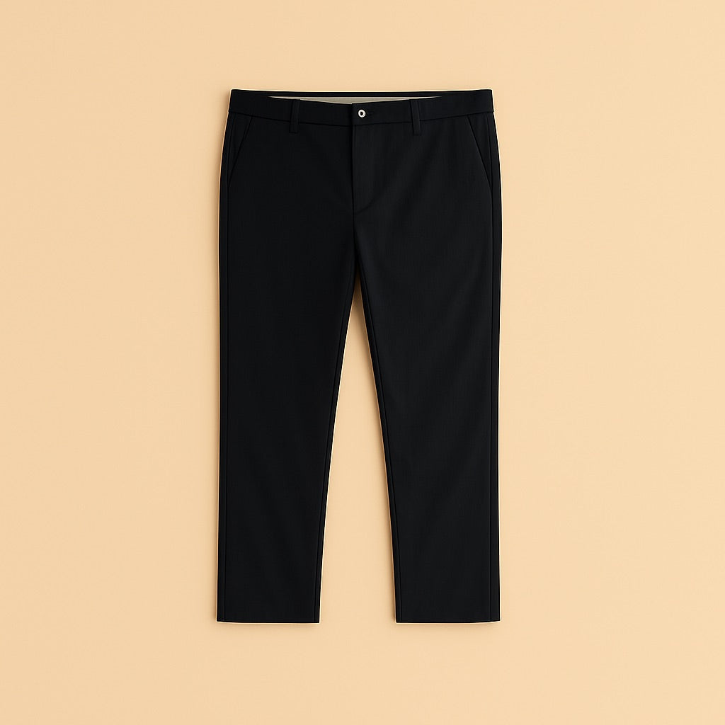 Black personalized chino trousers flat lay on beige background tailored slim fit mid rise casual office pants