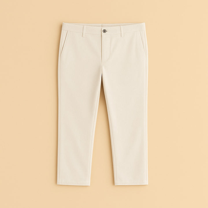 dreamwithreem personalized chino trousers in cream slim fit with front pockets for casual wear