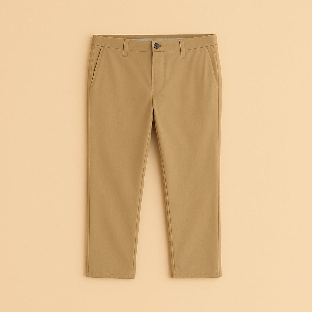 personalized chino trousers beige flat lay straight fit midrise cotton blend by dreamwithreem