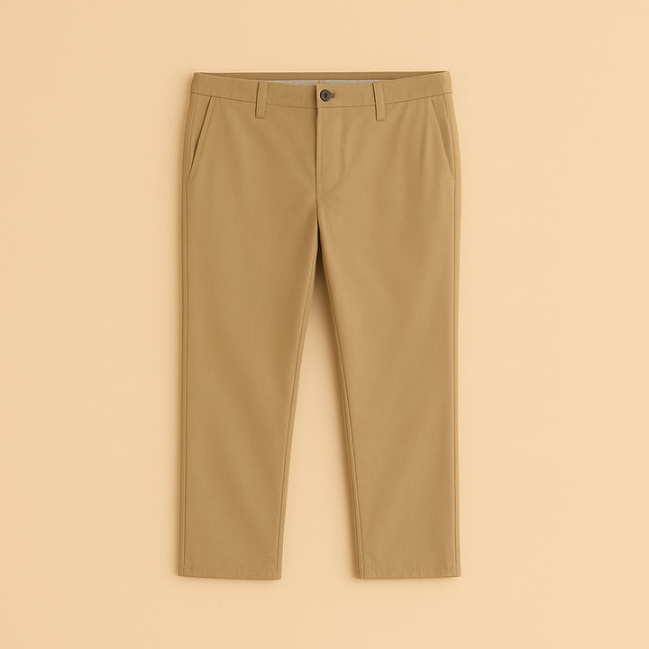 personalized chino trousers beige flat lay straight fit midrise cotton blend by dreamwithreem