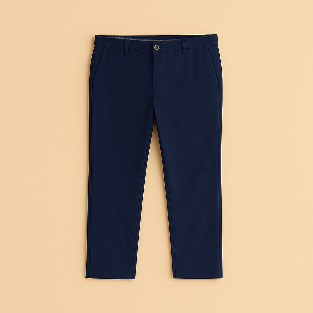 dreamwithreem navy personalized chino trousers laid flat showing front button belt loops and side pockets