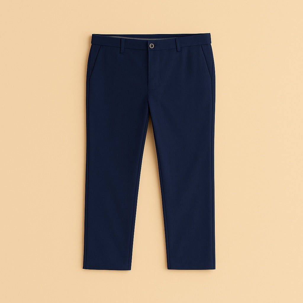 dreamwithreem navy personalized chino trousers laid flat showing front button belt loops and side pockets