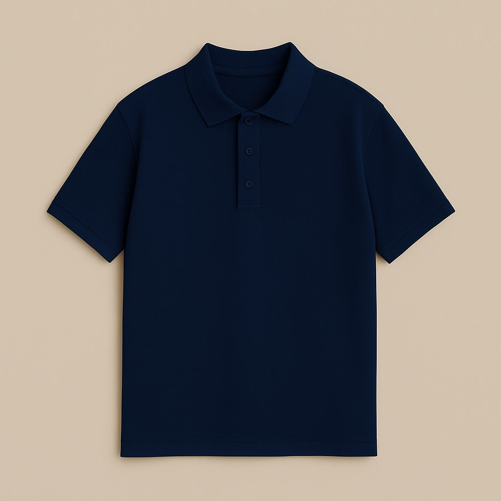 Navy blue custom embroidered polo shirt with short sleeves and button collar