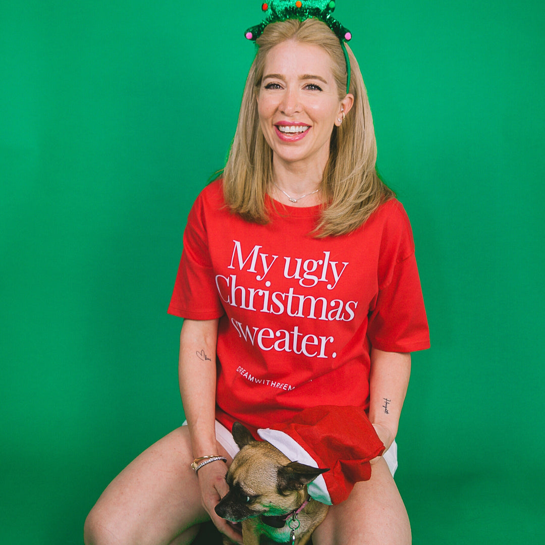 Custom red novelty Christmas tee gift featuring the phrase My ugly Christmas sweater for festive celebrations