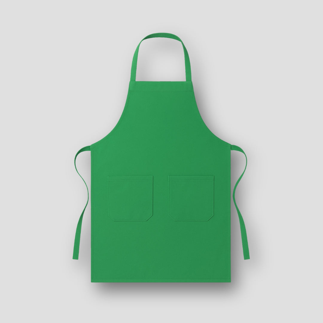 Green custom print apron with two front pockets for personal expression aprons