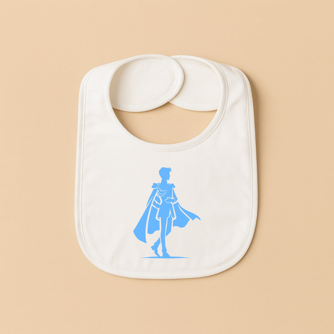 Personalized baby bib featuring a blue silhouette design of a prince for stylish mealtime protection