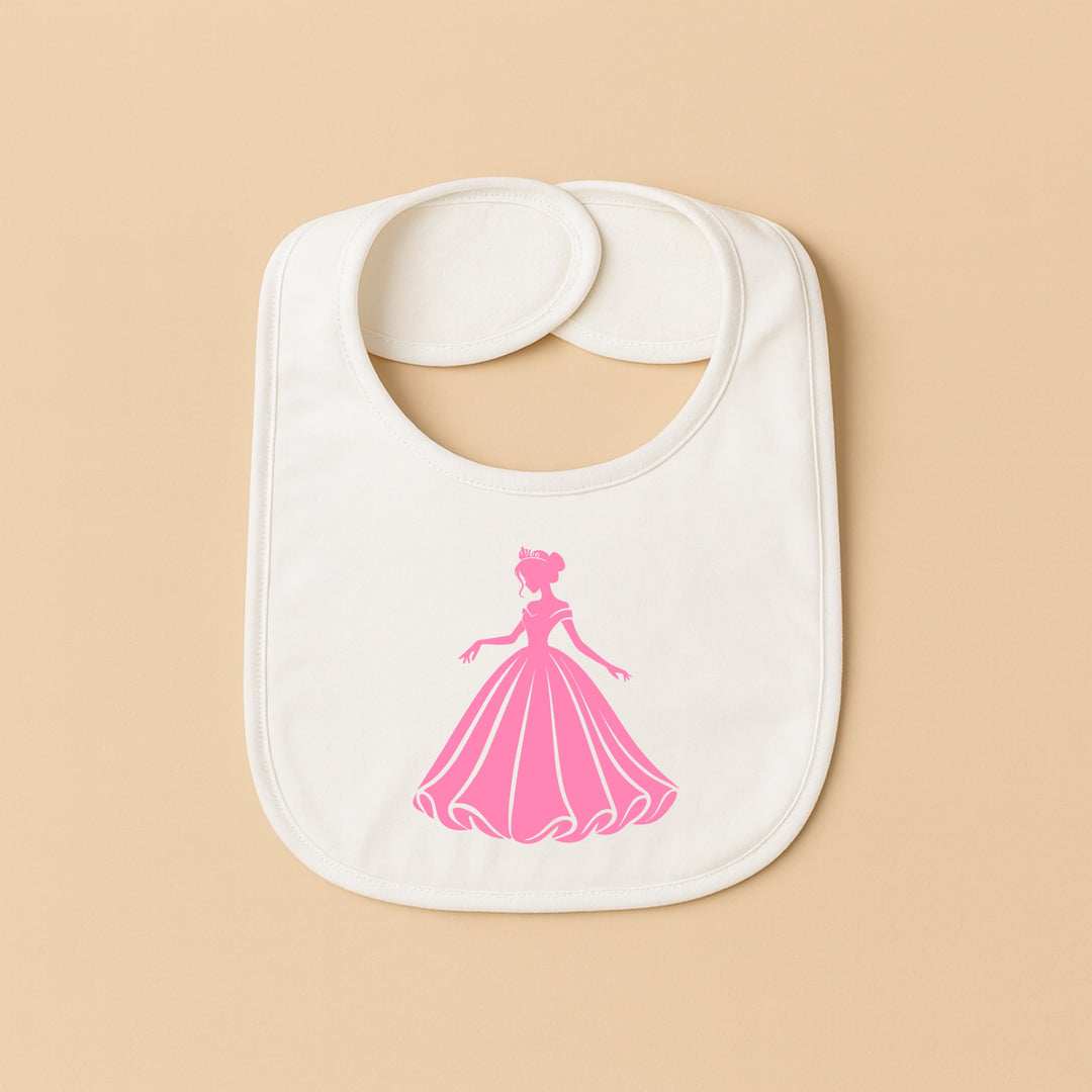 Personalized baby bib featuring a pink princess silhouette on a soft white background