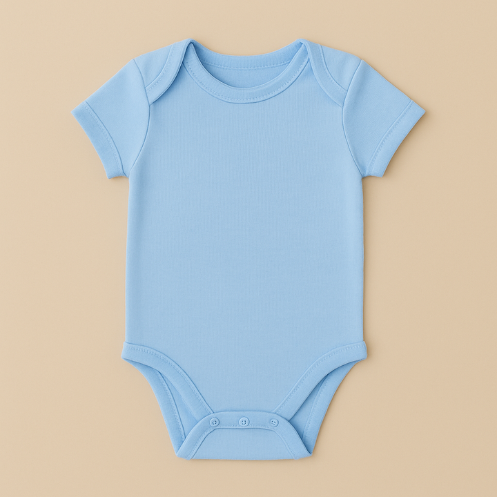 Light blue personalized baby bodysuit with short sleeves and snap closure for easy dressing.