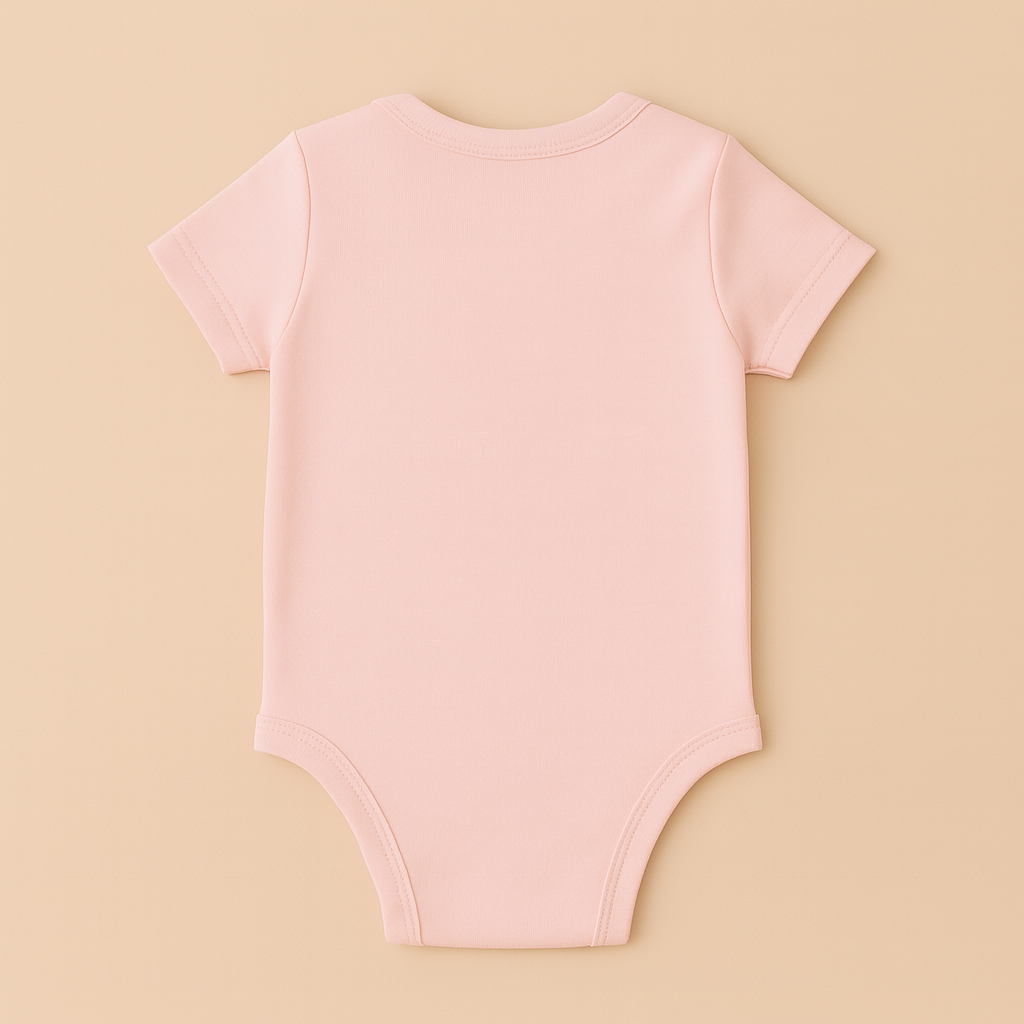 Back view of a soft pink personalized baby bodysuit for infants with short sleeves