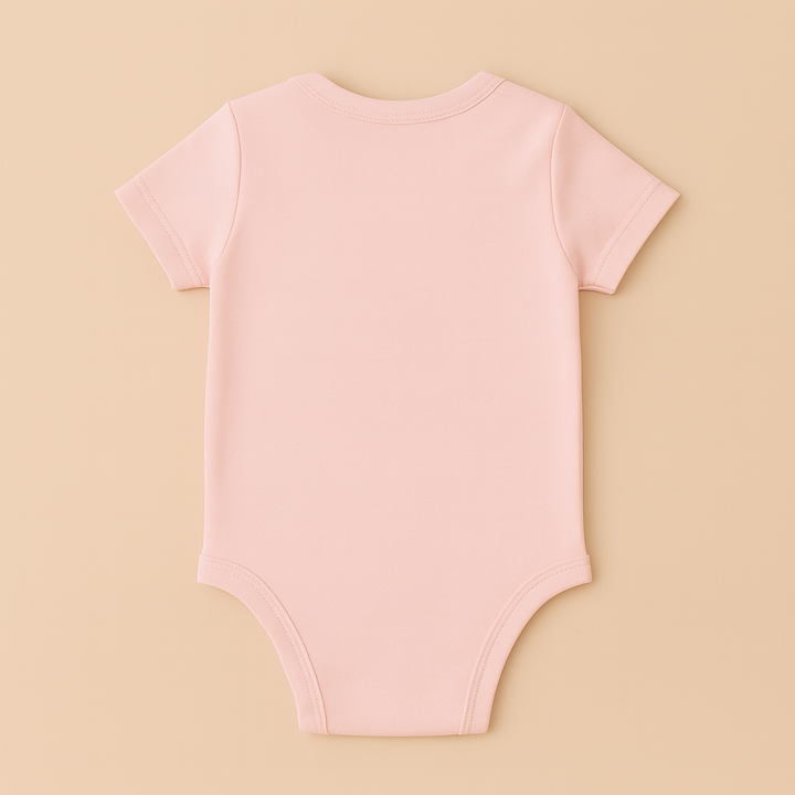Back view of a soft pink personalized baby bodysuit for infants with short sleeves