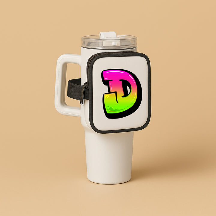 Personalized bottle holder pouch featuring a colorful letter D design on a white bottle
