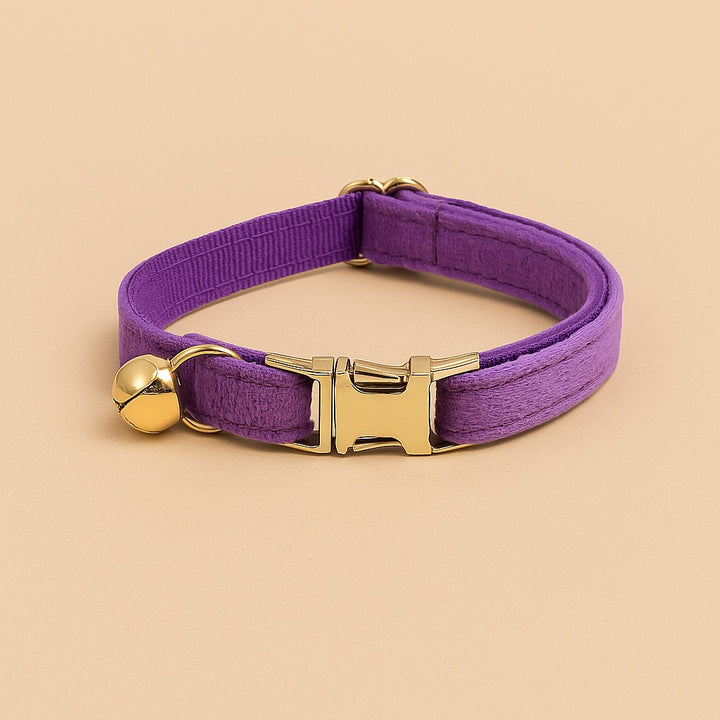 Personalized cat collar with name in purple featuring a gold bell and sturdy buckle