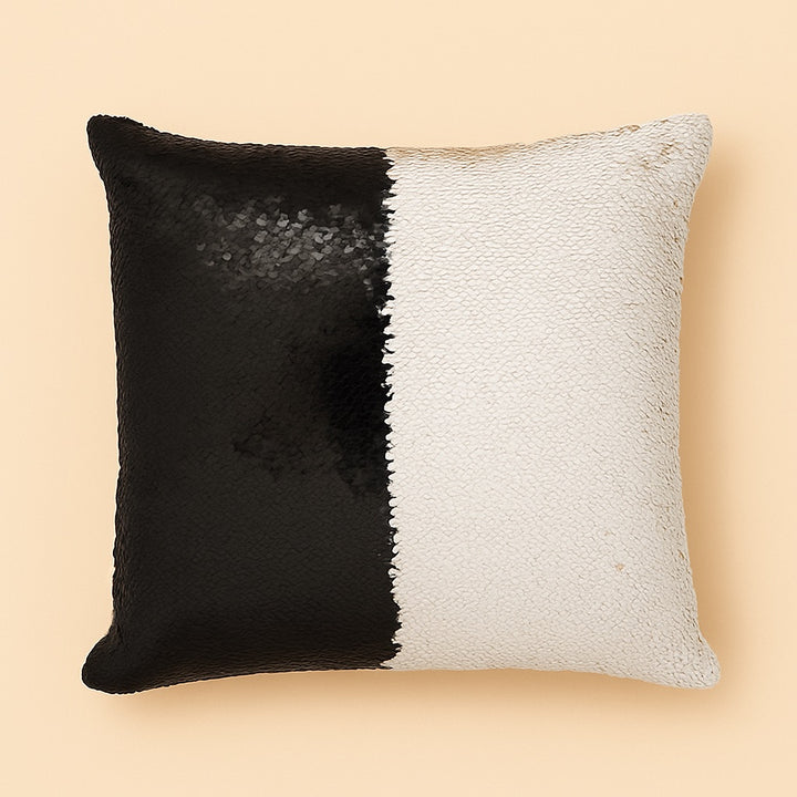 Personalized flip sequin cushion featuring a stylish black and white design for thoughtful gifting