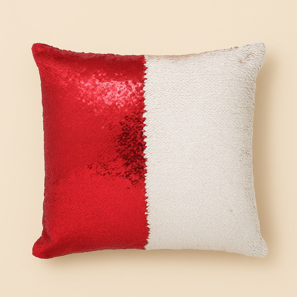 Personalized flip sequin cushion with a shiny red and white design for custom home decor