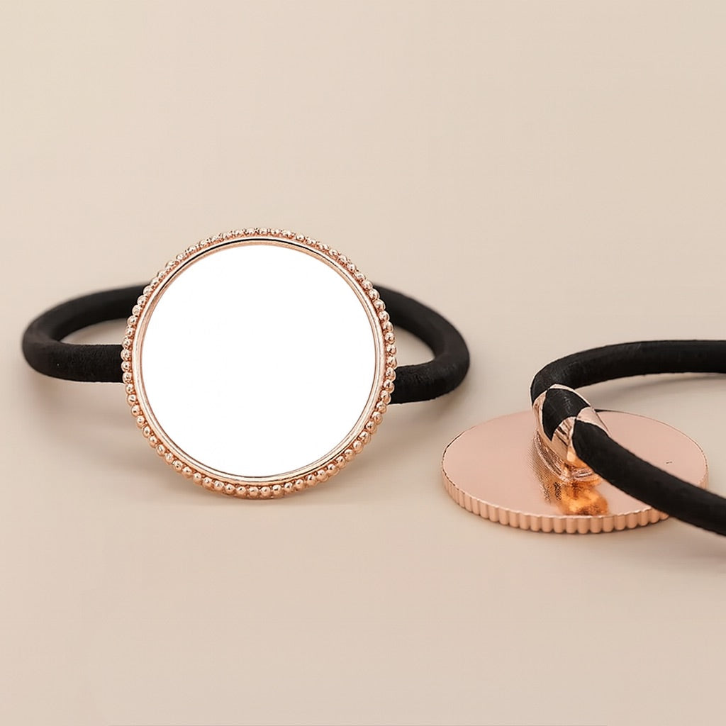 Stylish personalized hair accessories featuring a mirror and sleek black elastic band