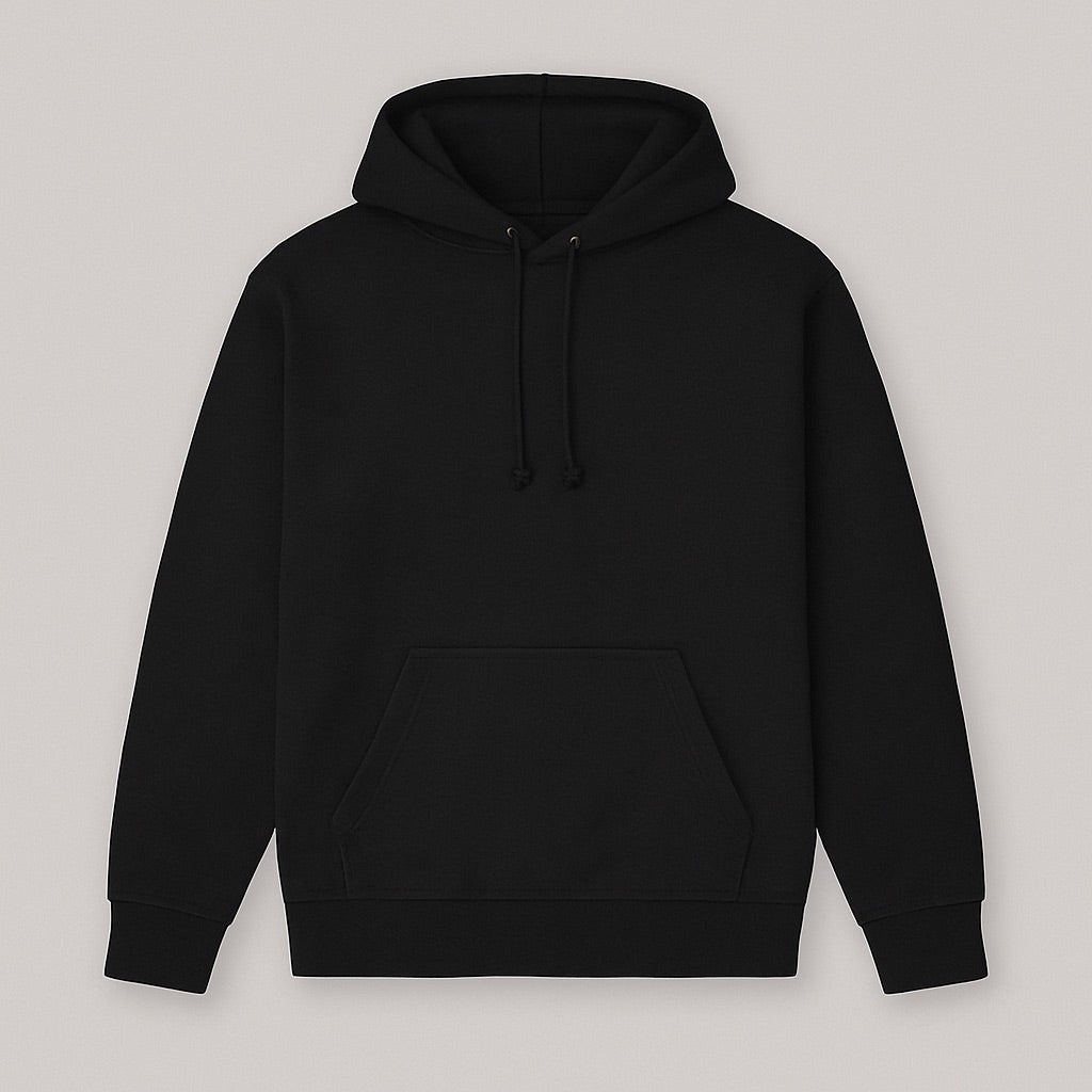 Black plain hoodie with drawstrings and front pocket perfect for personalized hoodies online