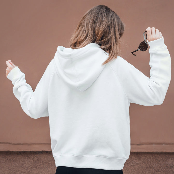 Back view of a white hoodie showcasing a relaxed fit, ideal for personalized hoodies online