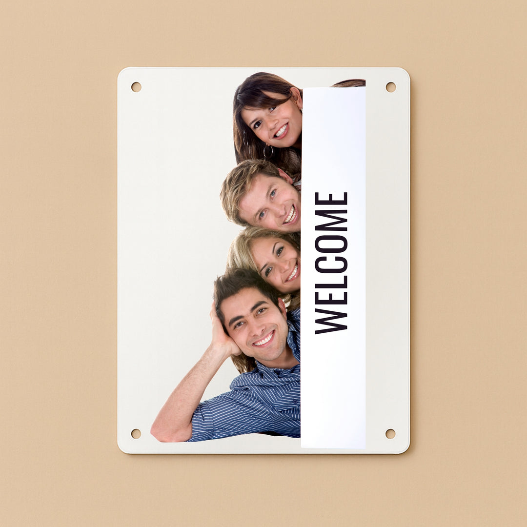 Personalized metal sign featuring a photo collage and the word Welcome for a warm greeting