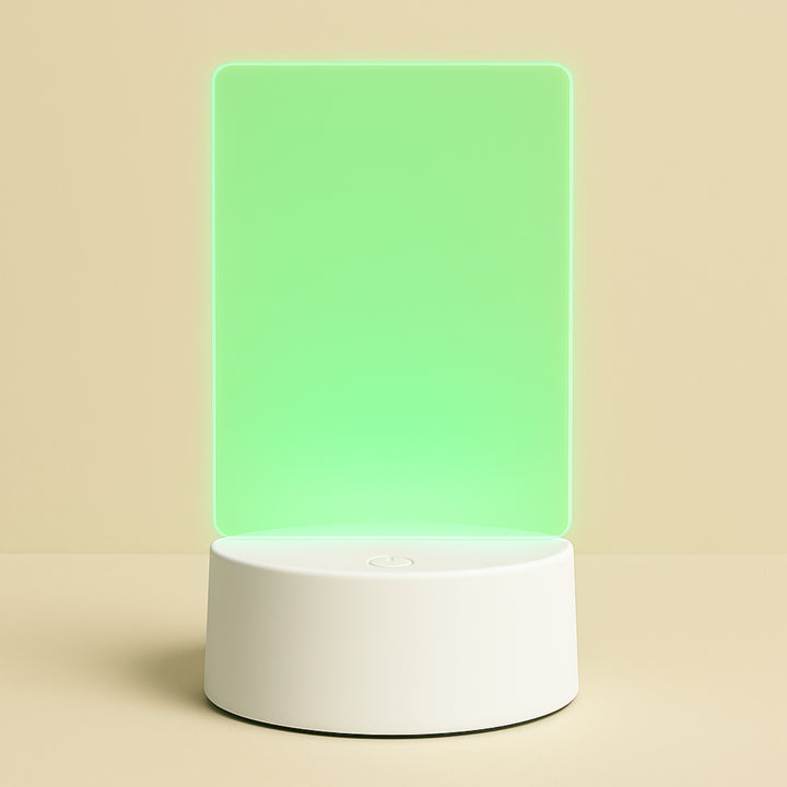 Personalized photo LED frame in green glow with a modern base for custom photo displays
