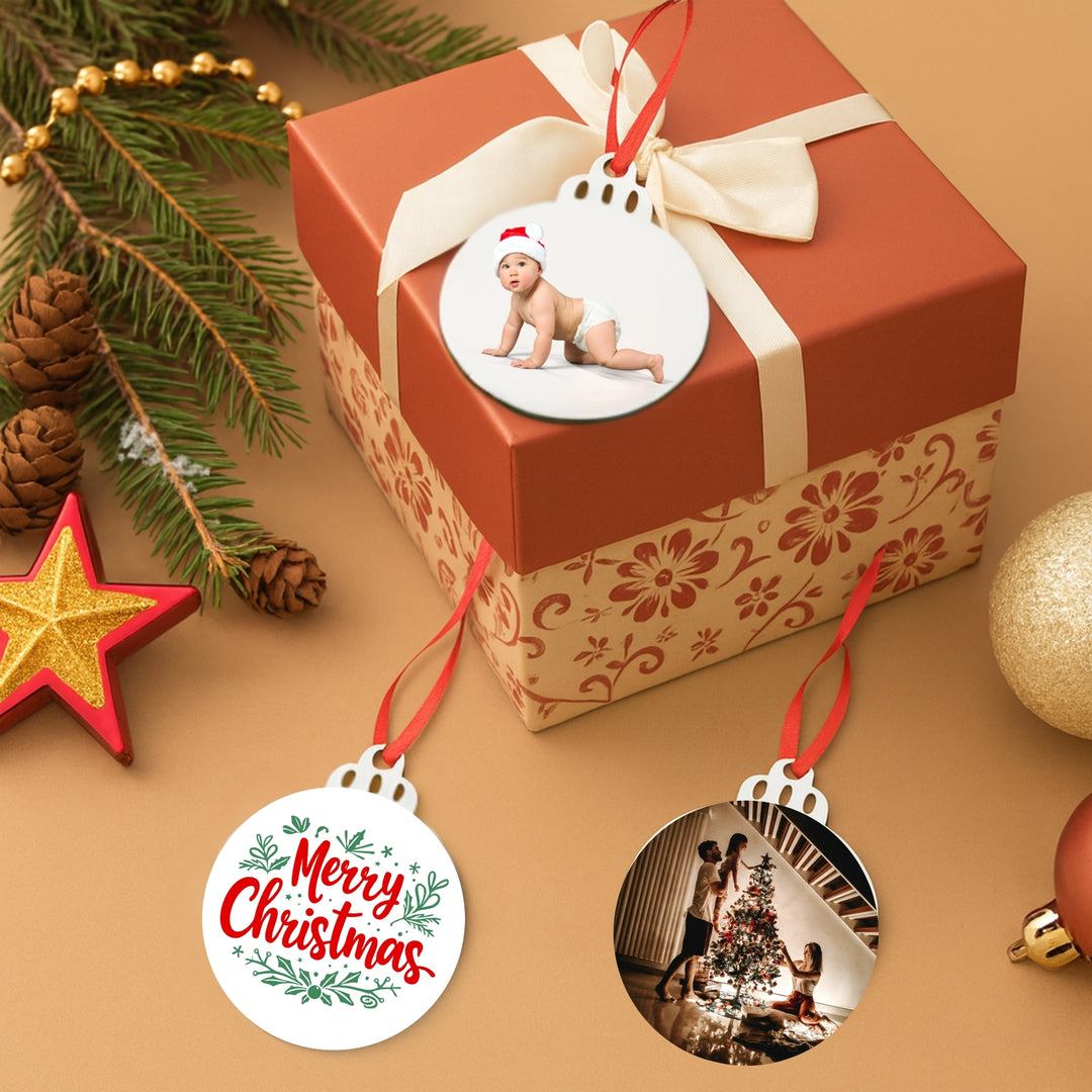 Personalized photo ornament featuring holiday designs and a cute baby with a Santa hat