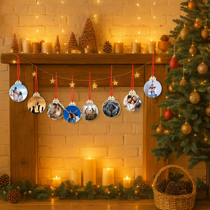 Display of personalized photo ornament hanging above a festive mantel with holiday decorations