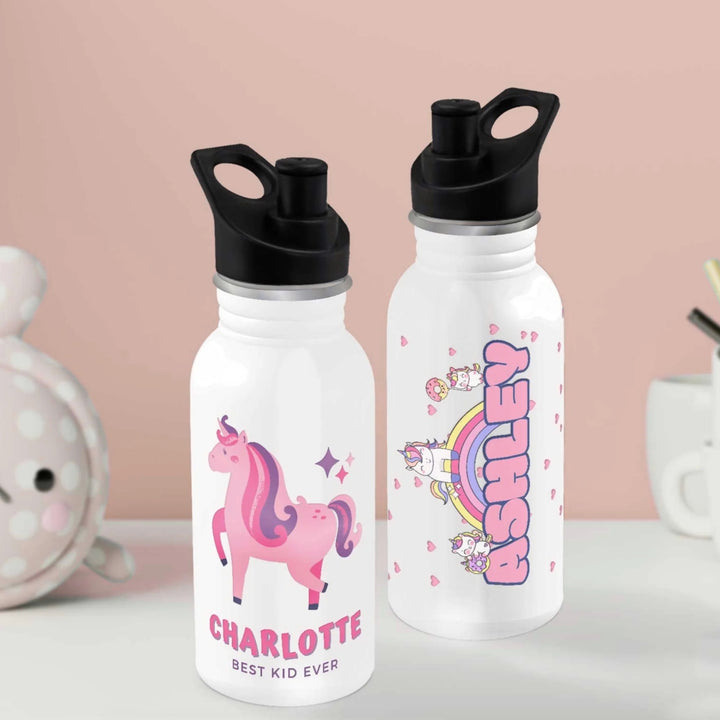 Personalized UV printed gifts Dubai featuring custom design water bottles for kids with unicorn and playful themes