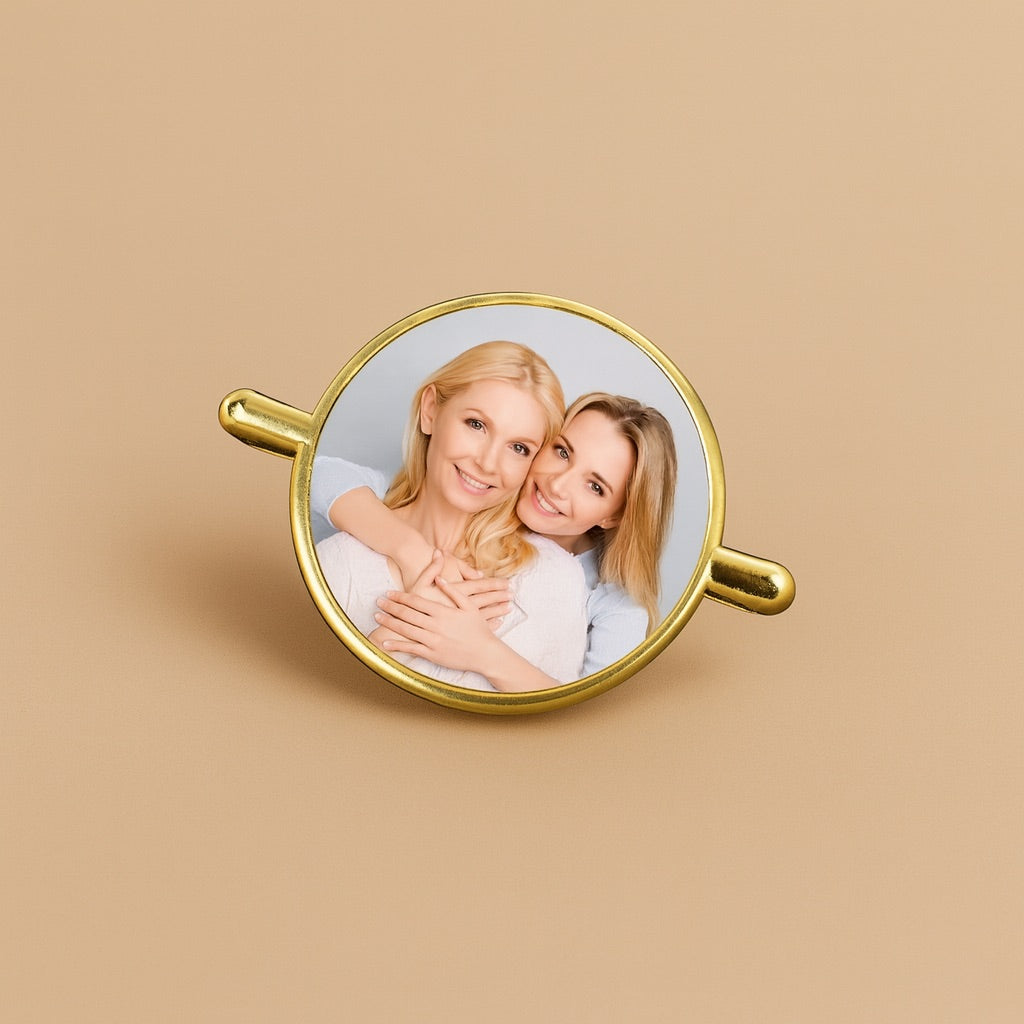 Gold personalized watch charm accessory featuring a photo of two smiling women