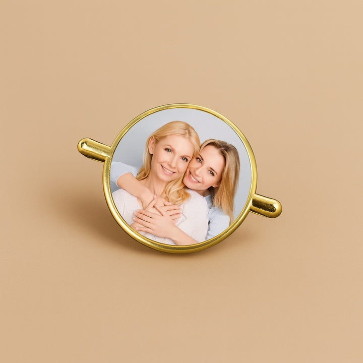 Gold personalized watch charm accessory featuring a photo of two smiling women