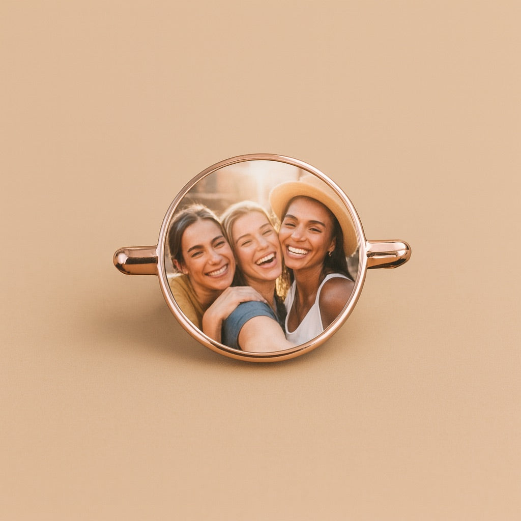 Personalized watch charm accessory featuring a photo of three smiling women sharing a joyful moment
