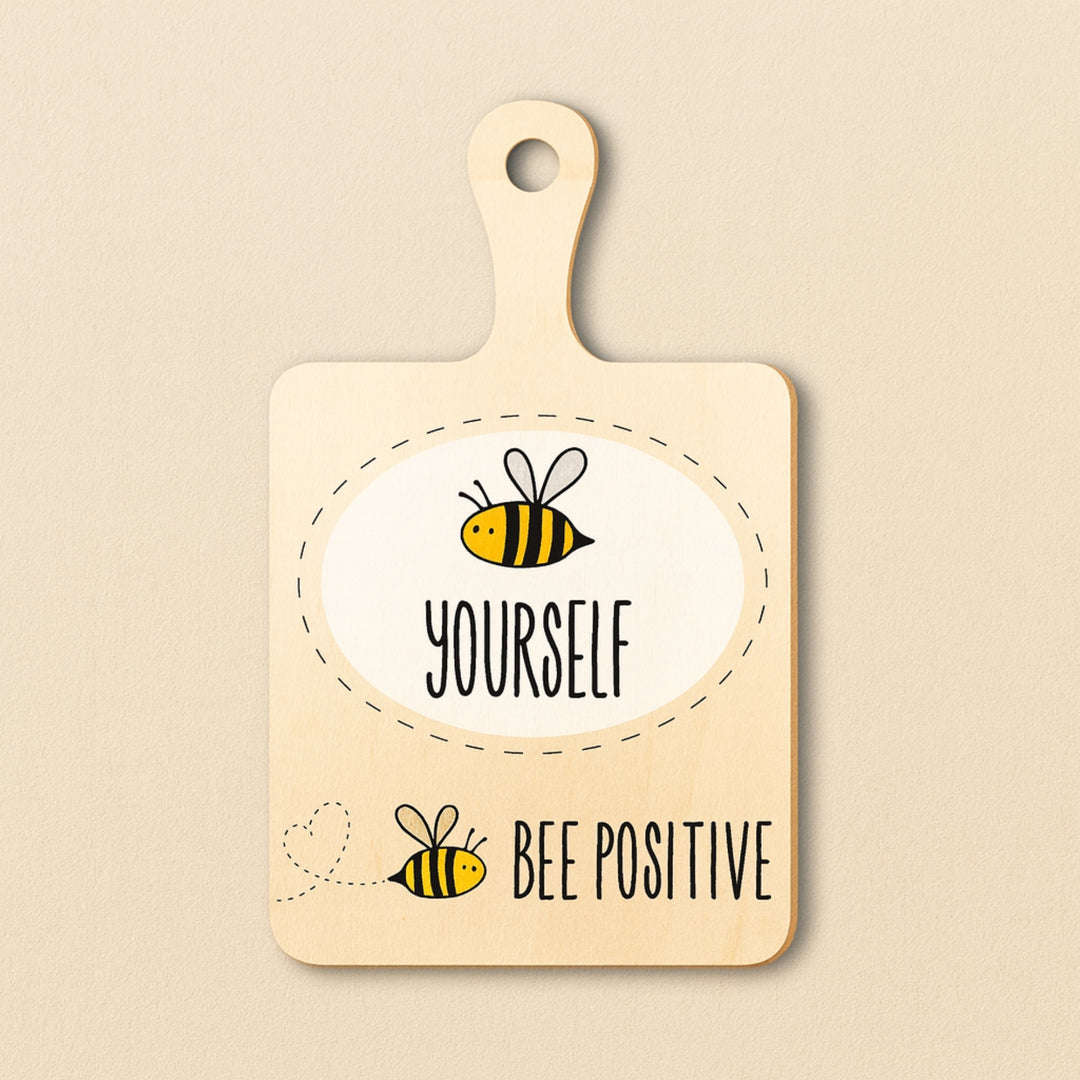 Personalized wood serving tray featuring a cheerful bee and motivational text for a unique home accessory