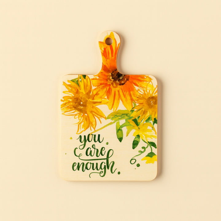 Personalized wood serving tray with sunflower design and the phrase 'You are enough' for home decor