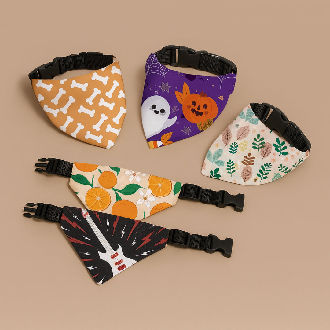 Set of colorful premium printed dog scarves featuring playful patterns and adjustable straps