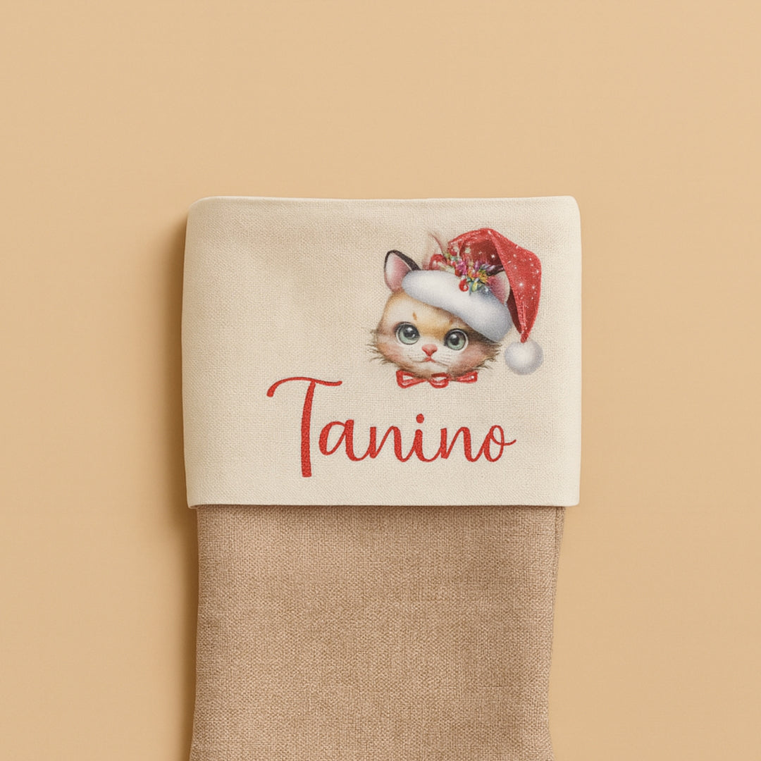 Custom print rustic Christmas stockings for mantle featuring a cute cat design and personalized name Tanino