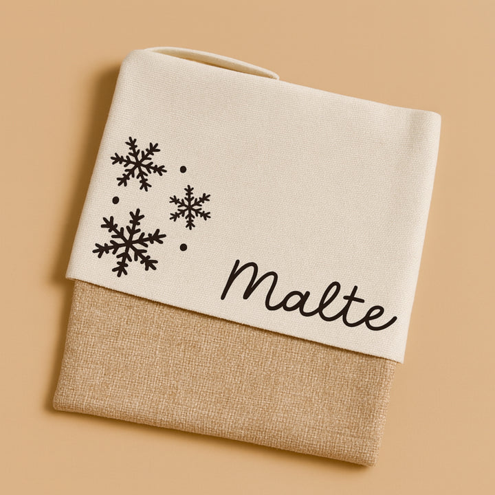 Personalized rustic Christmas stockings for mantle with snowflake design and custom name