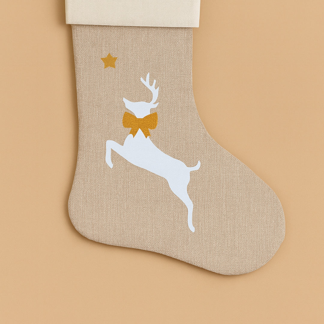 Custom printed rustic Christmas stockings for mantle featuring a white reindeer design with a bow