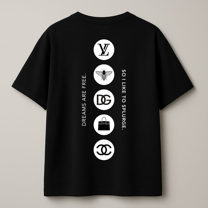 Black custom iconic t-shirt back view by dreamwithreem featuring vertical white luxury logo icons and slogan