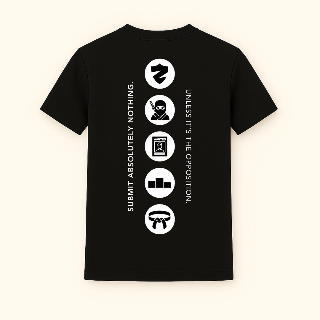 Black cotton custom iconic t-shirt with back graphic of vertical white icons and Submit Absolutely Nothing slogan