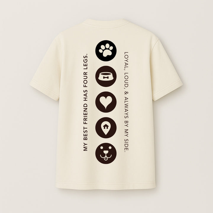 Back view cream custom iconic t-shirt with vertical brown pet icons and text honoring a loyal four legged friend