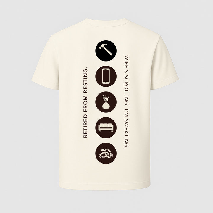 Back view cream custom iconic t-shirt with vertical brown icons and text Retired From Resting and Wifes Scrolling Im Sweating