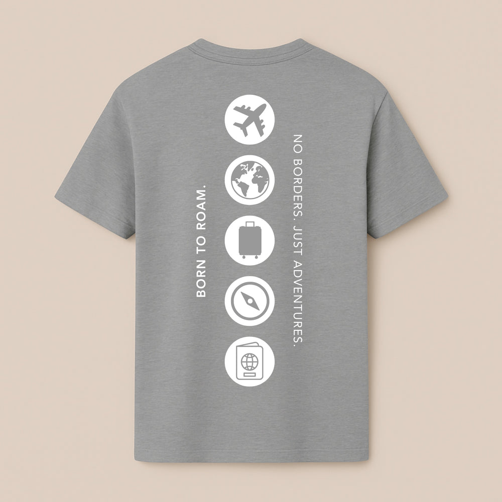 Back of gray custom iconic t-shirt with vertical white travel icons airplane globe suitcase compass passport
