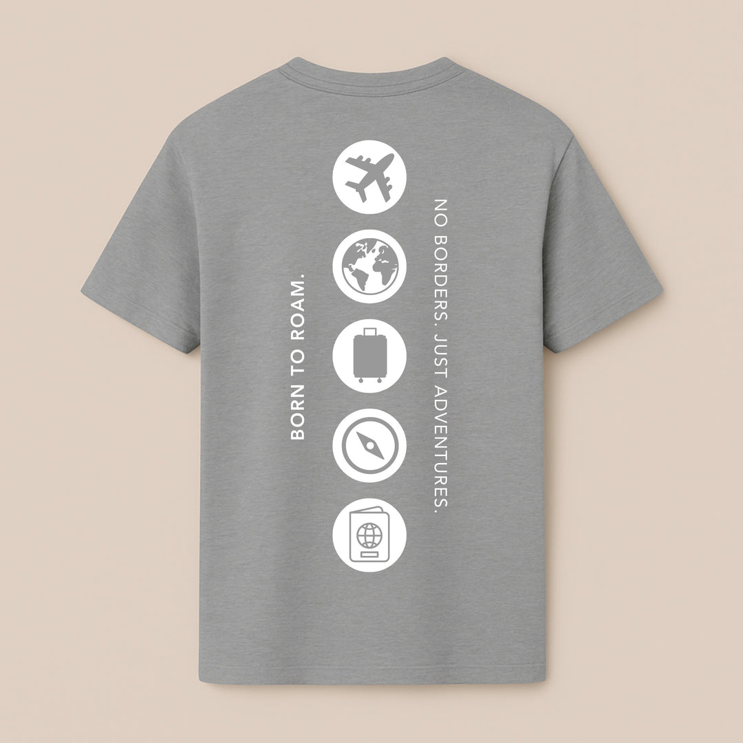 Back of gray custom iconic t-shirt with vertical white travel icons airplane globe suitcase compass passport
