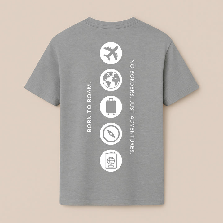 Back of gray custom iconic t-shirt with vertical white travel icons airplane globe suitcase compass passport