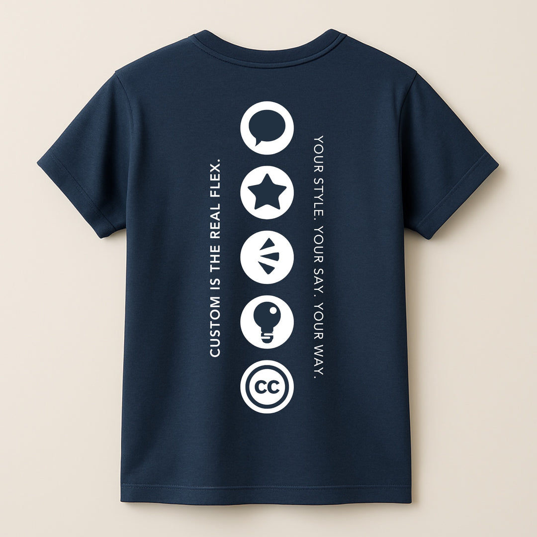 Dreamwithreem navy custom iconic t-shirt back with vertical white icons and slogan CUSTOM IS THE REAL FLEX