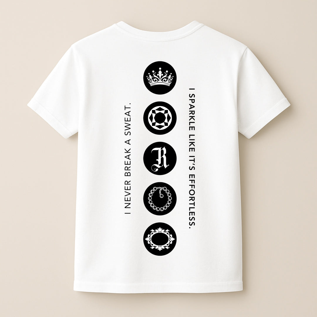 Back of white custom iconic t-shirt with vertical black emblem icons and inspiring sparkle text
