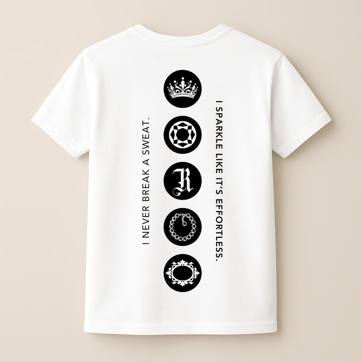 Back of white custom iconic t-shirt with vertical black emblem icons and inspiring sparkle text