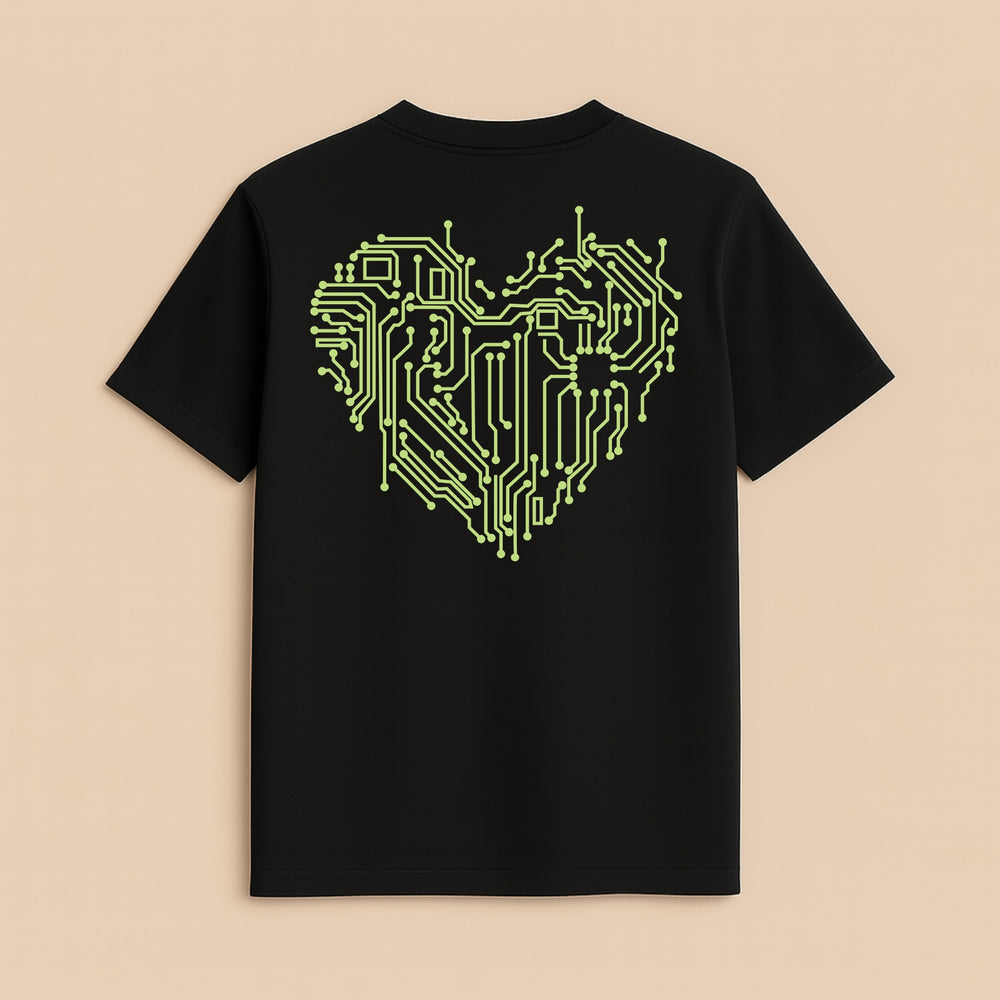 dreamwithreem custom black t shirt with neon green circuit board heart print on back personalized fashion t-shirt